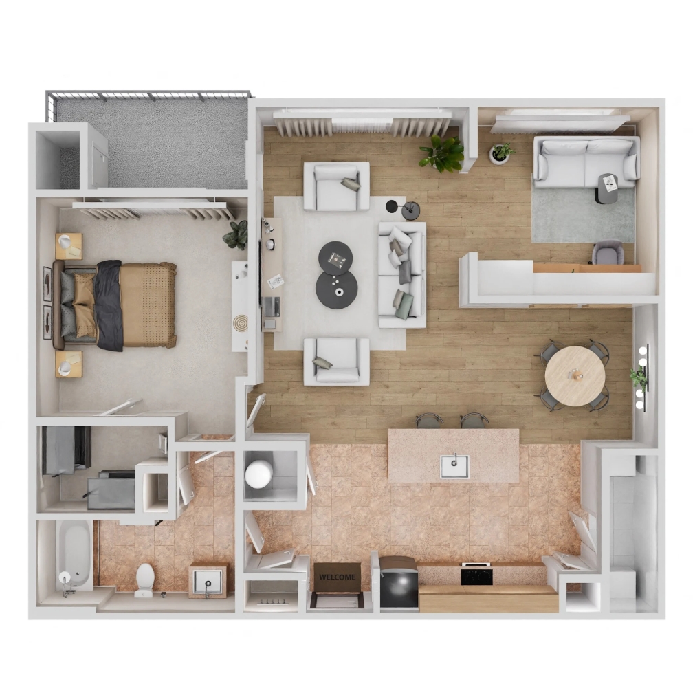 Floor plan for 1 bed, 1 bath, 1008 sqft